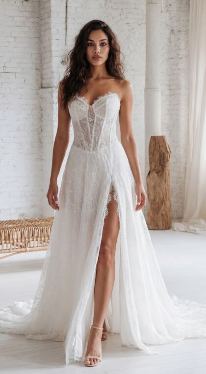 Hervé Paris Peace trouwjurk met transparant corset en hoge split
