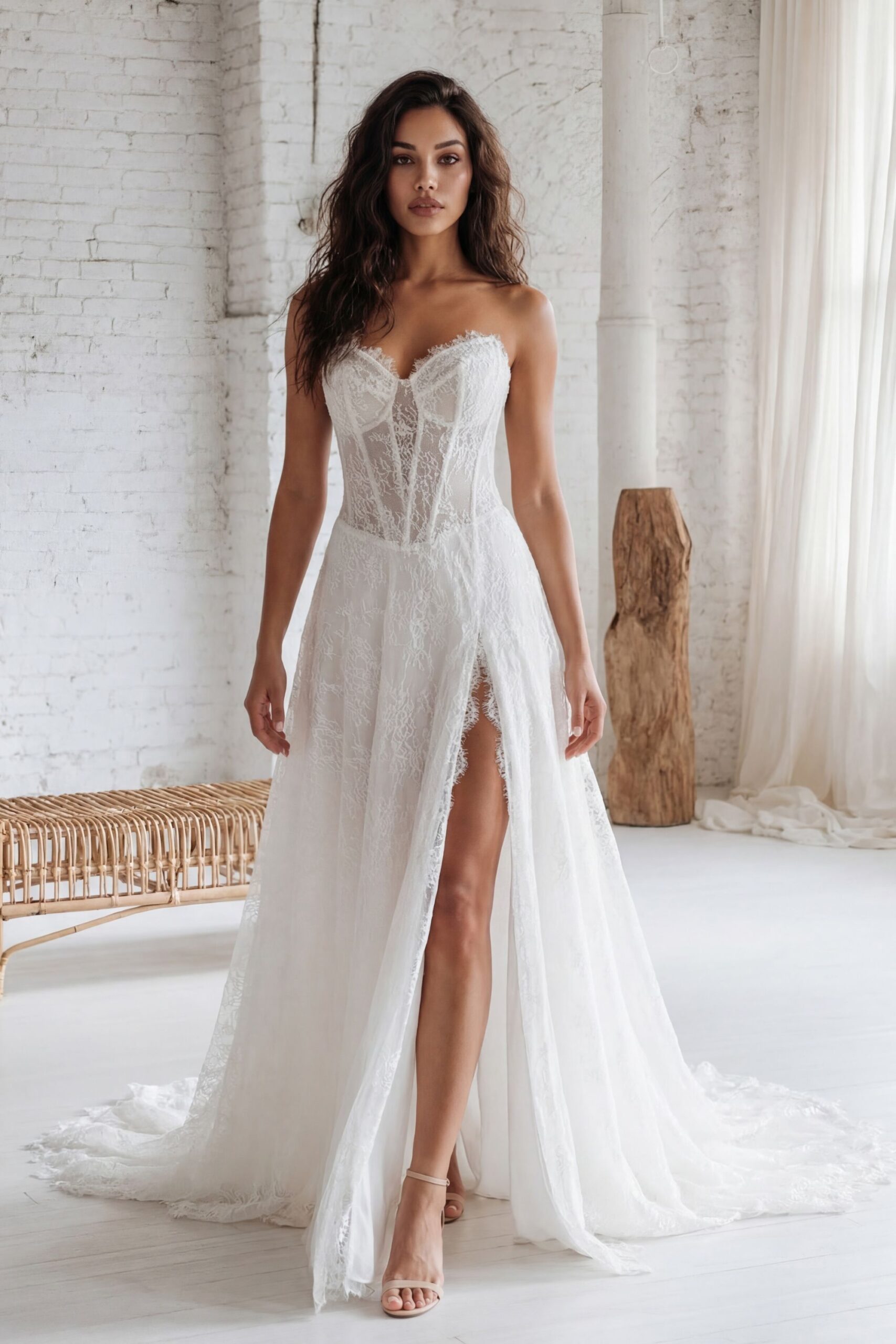 Hervé Paris Peace trouwjurk met transparant corset en hoge split