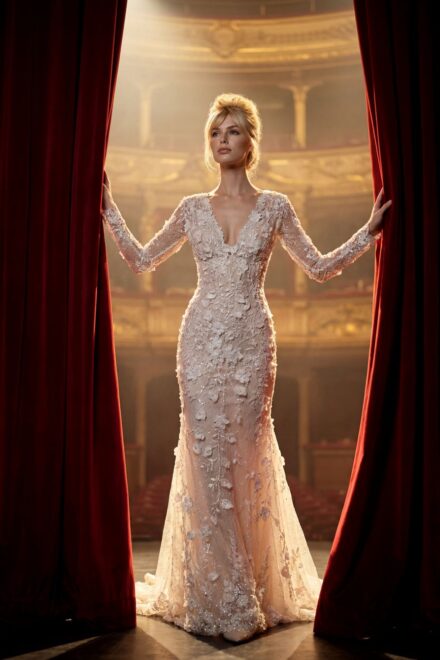 Randy Fenoli Krissy luxe trouwjurk met lange kanten mouwen en diepe V-hals