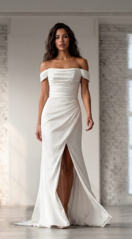 Hervé Penny satijnen trouwjurk met hoge split en off-shoulder mouwtjes