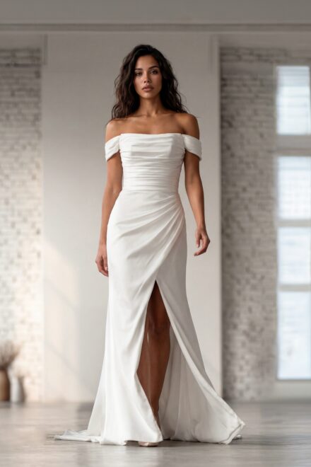 Hervé Penny satijnen trouwjurk met hoge split en off-shoulder mouwtjes