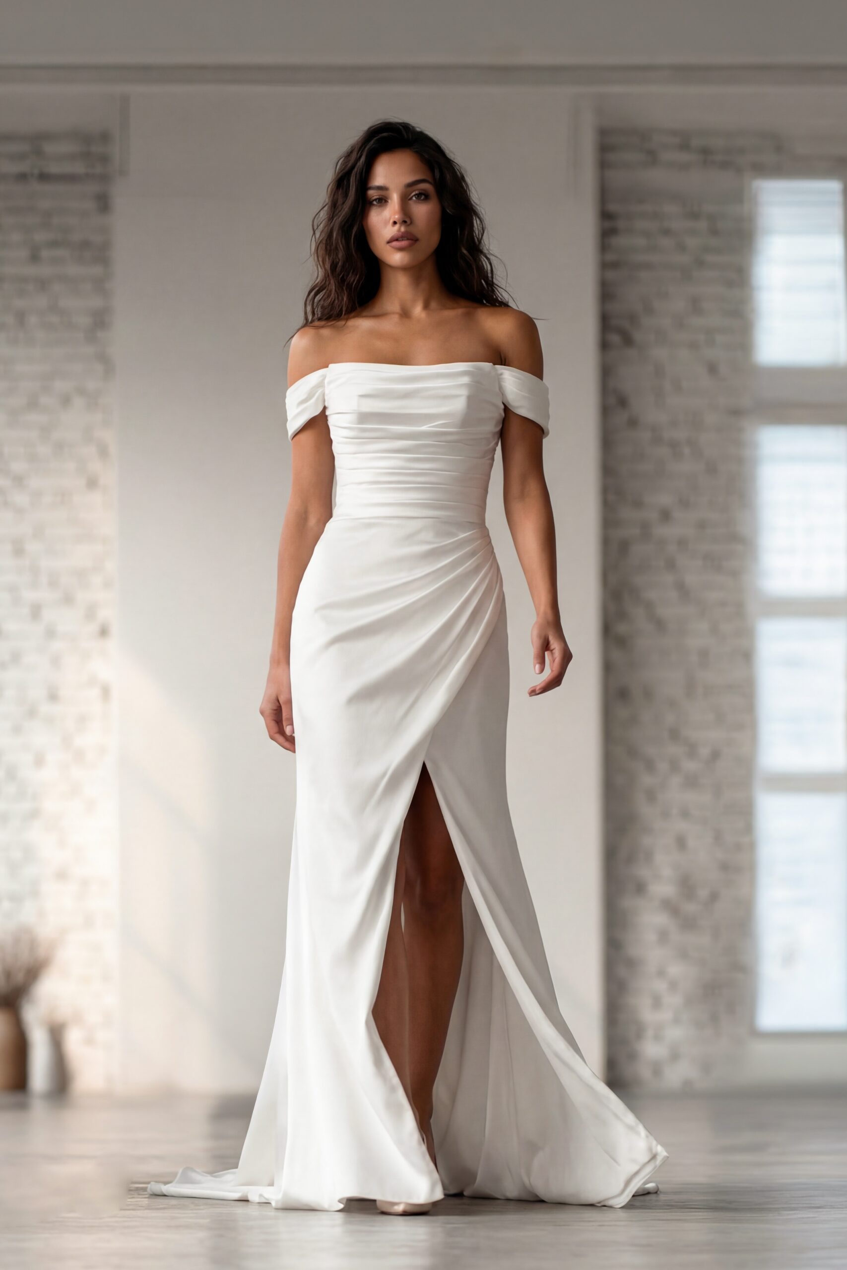 Hervé Penny satijnen trouwjurk met hoge split en off-shoulder mouwtjes